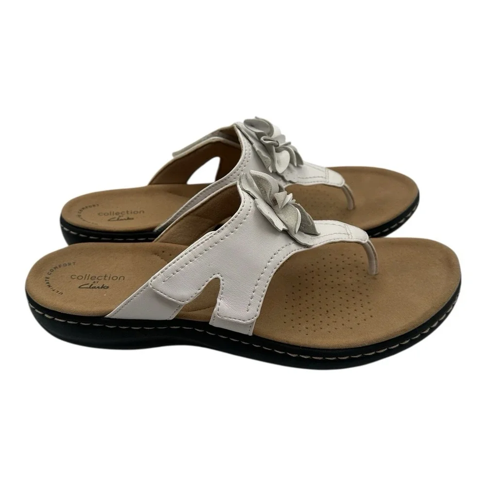 Clarks Laurieann Gema Sandals Women Sz 10 M White Floral Strappy Thong Flip Flop